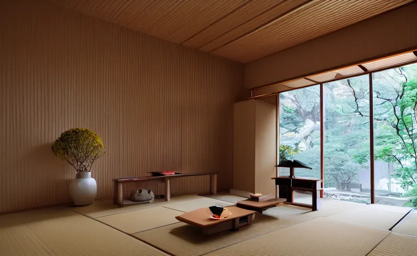 Image similar to futuristic minimalist japanese living room, japanese flower arrangements, coherent composition, architecturally accurate, architecture photography, 8 k