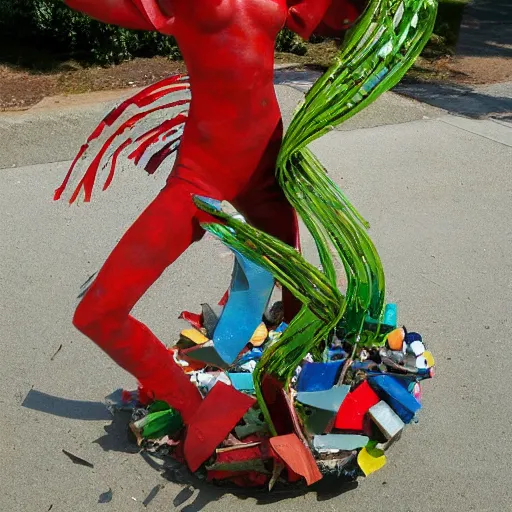 Image similar to A sculpture a 💃 made pure recycle materials trash, By Steve belledin