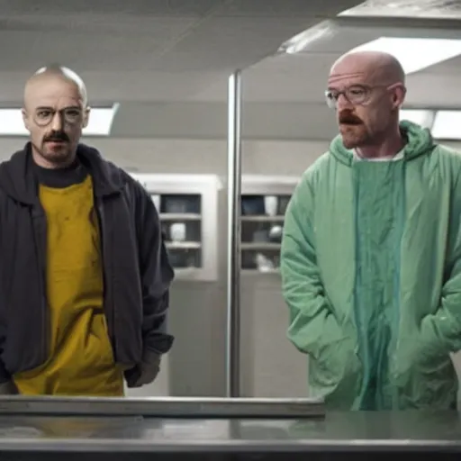 Prompt: walter white and jesse pinkman in gus frings underground laboratory on top of howard hamlin and lalo salamunca