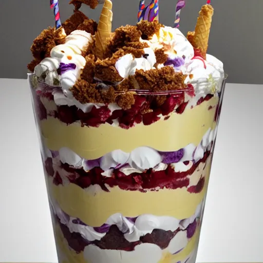 Image similar to tallest ice cream sundae trifle ever, surrounded by crowd, flash photography