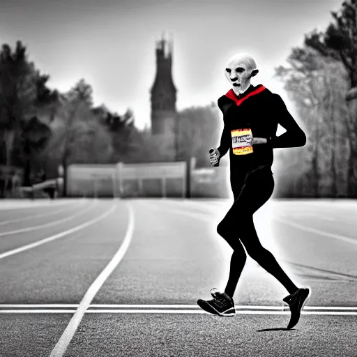 Image similar to portrait of nosferatu running a marathon, sport photography