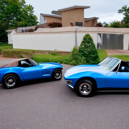 Prompt: a blue 1 9 6 9 corvette parked next to a 1 9 9 9 miata