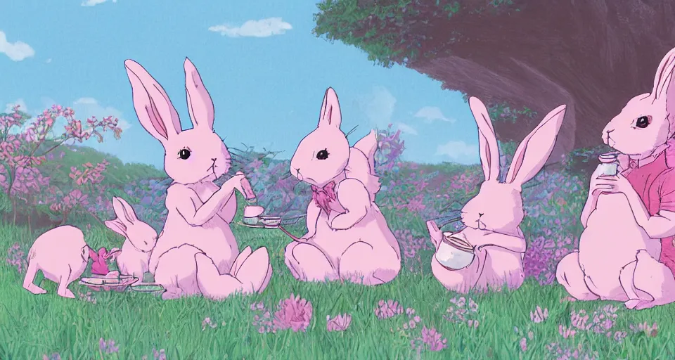 Image similar to 3 pink and teal colored bunnies having a tea party, by studio ghibli, makoto shinkai, beautiful nature illustration