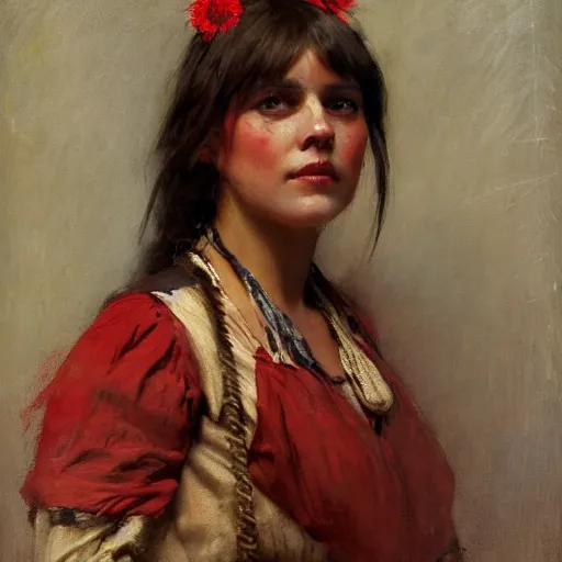 Image similar to Solomon Joseph Solomon and Richard Schmid and Jeremy Lipking victorian genre painting portrait painting of a happy young beautiful woman traditional american indian actress model old west character in fantasy costume, red background