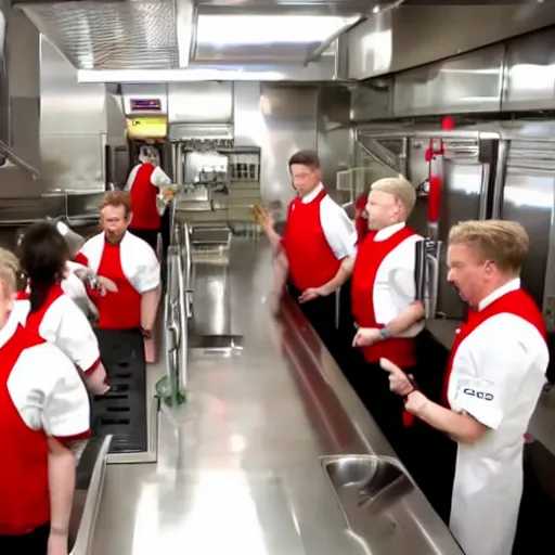 Prompt: gordon ramsay yelling at kfc employees in the kfc kitchen on kitchen nightmares. the employees are lined up and in their kfc uniforms. 4 k broadcast