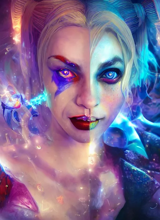 Image similar to cosmic portrait of harley quinn as a celestial being, hyper detailed, digital art, cinematic lighting, studio quality, smooth render, unreal engine 5, octane rendered, art style by klimt and nixeu and ian sprigger and wlop and krenz cushart.