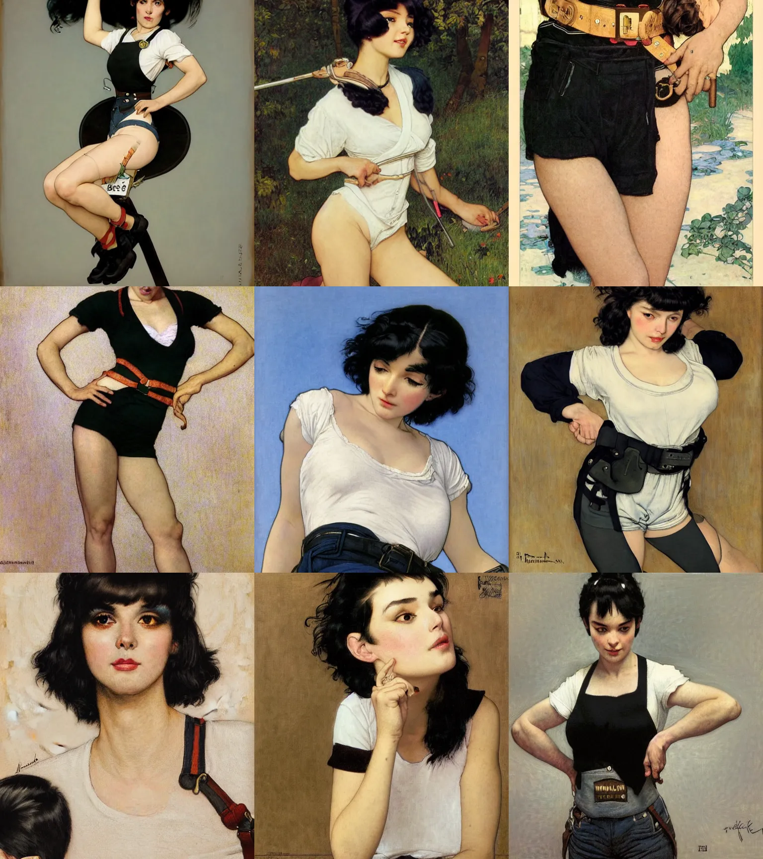 Prompt: a woman with black hair and long pixie haircut in shorts with suspenders and white t-shirt drawn by juan gimenez, Alexandre Cabanel, norman rockwell, peter paul rubens, maler collier, frank frazetta, alphonse mucha, gustav klimt 4k, unreal 5, DAZ, french noveau, trending on artstation, octane render, hyperrealistic