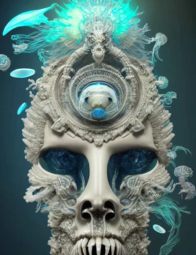 Image similar to goddess macro close - up portrait with mask made of ram skull. betta fish, jellyfish phoenix, bioluminiscent, plasma, ice, water, wind, creature, super intricate ornaments artwork by tooth wu and wlop and beeple and greg rutkowski