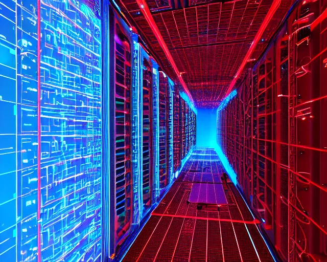 Prompt: datacenter with red laser grid, server in the middle, deep view, heavy blue led lights, wires connected, award winning, extremely detailed, artstation, 8 k, incredible art