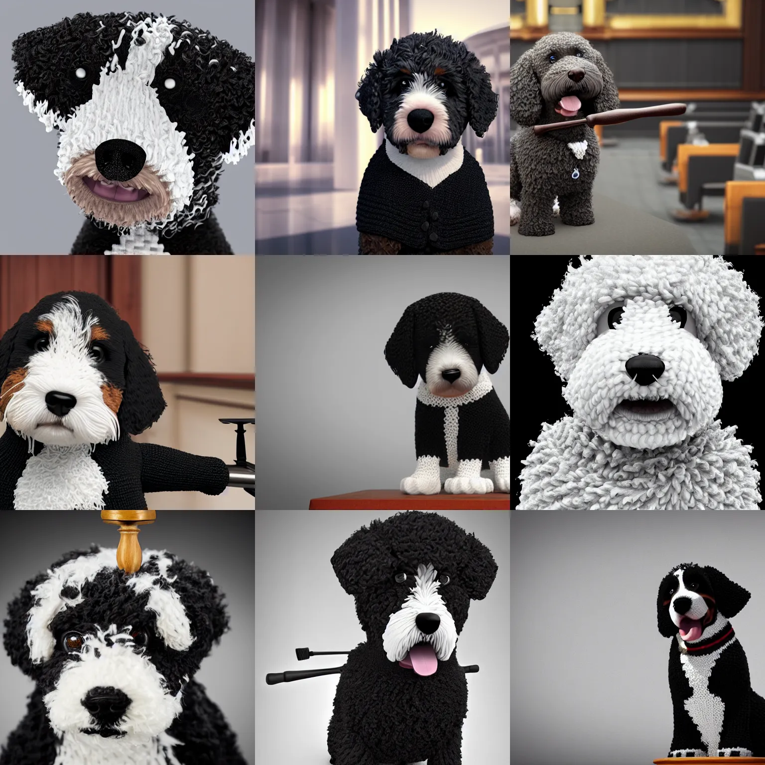 Prompt: a closeup photorealistic illustration of a knitted bernedoodle judge puppy wearing a black gown and speaking to the courthouse. holding a gavel. this 4 k hd image is trending on artstation, featured on behance, well - rendered, extra crisp, features intricate detail, epic composition and the style of unreal engine.