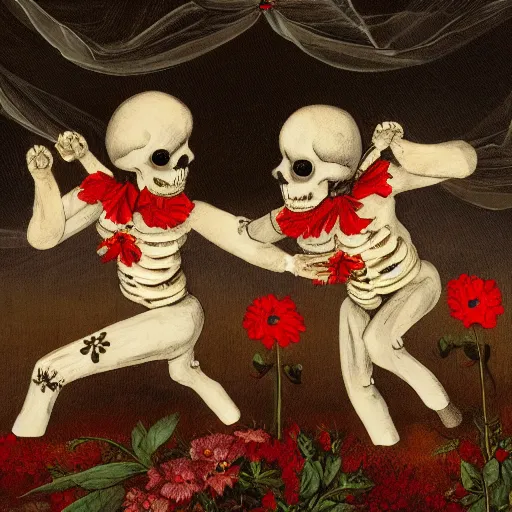 Prompt: two dead skeletons dancing on stage while it rains flowers everywhere, red and white flowers, Baroque