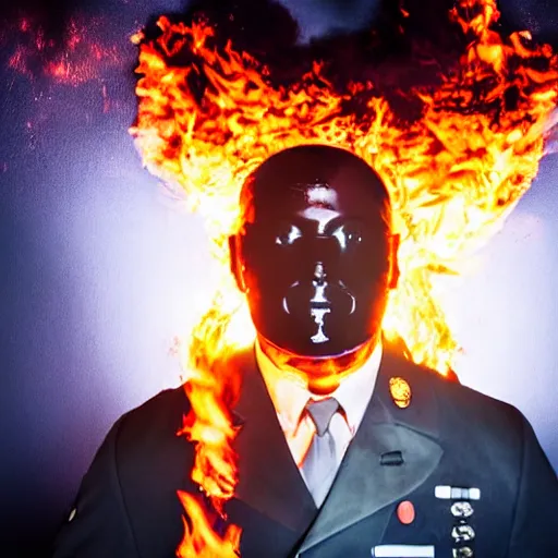 Image similar to portrait of a policeman head on fire , front, centered, riot background, at night ,editorial photography