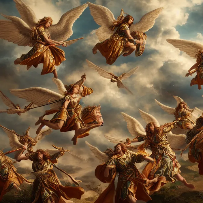 Prompt: photograph of a real-life beautiful angels with ornate robes flying into battle. Extremely detailed. 8k