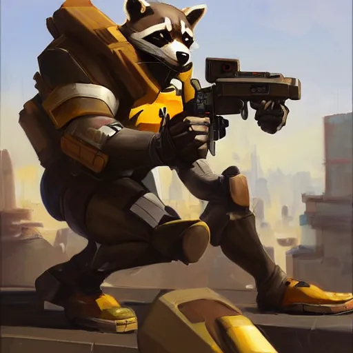 Image similar to greg manchess portrait painting of armored rocket raccoon as overwatch character, medium shot, asymmetrical, profile picture, organic painting, sunny day, matte painting, bold shapes, hard edges, street art, trending on artstation, by huang guangjian and gil elvgren and sachin teng