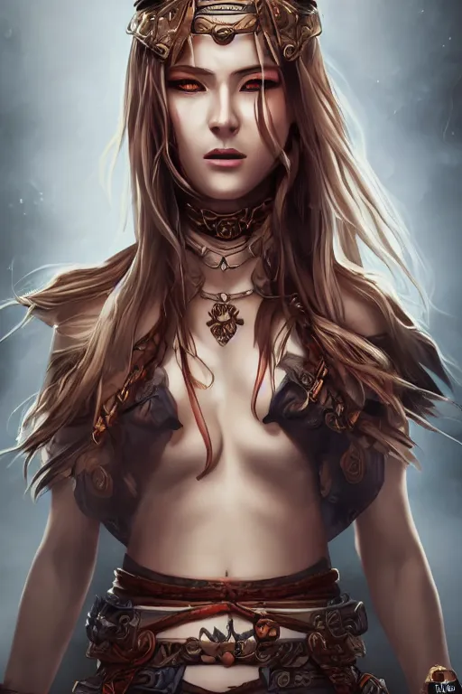 Image similar to heroine, beautiful, full body portrait, thin but strong viking samurai woman, open shirt, 6 pack, symmetrical beautiful face, relaxed pose, ultra detailed, digital art, 8 k, character, realistic, hyperrealistic