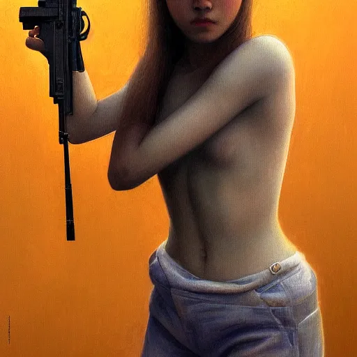 Image similar to a ultradetailed beautiful painting of a girl holding a gun on rio de janeiro by cheng hsiao - ron, ngai victo, jean delville by wlop and dougherty patrick, trending on artstation, sci fi, futurism, post capitalism, octane rendering, sharp focus