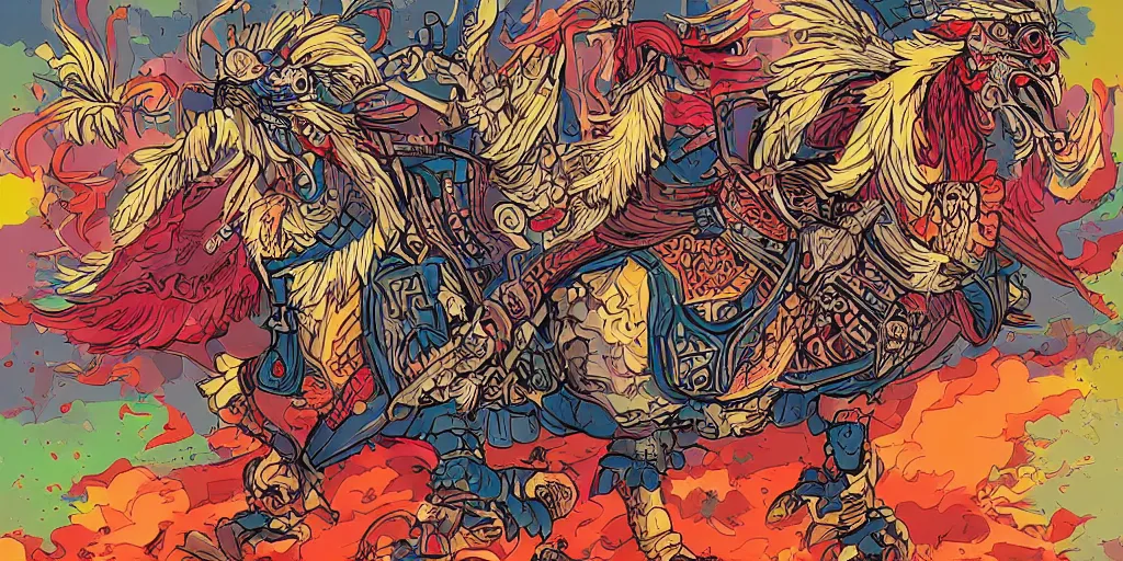 Prompt: colorful illustration of armoured warrior roosters, mix of styles, angry, aggressive, blood, battle