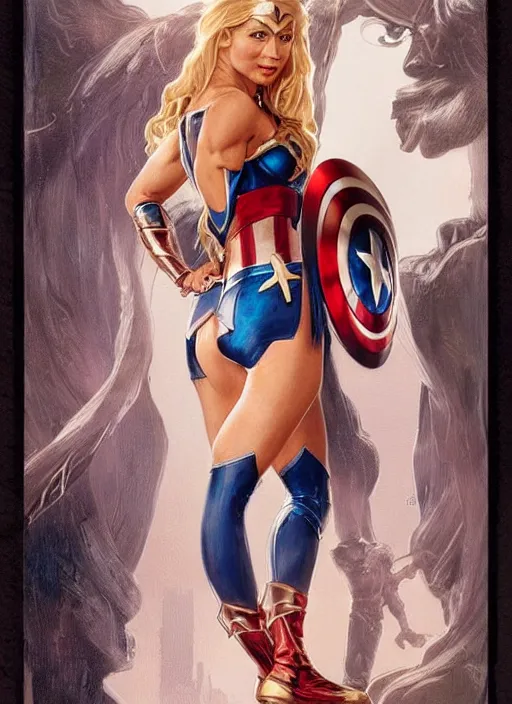 Image similar to toned young april with a mischievous face and extremely long blonde wavy hair dressed as teen superhero, posing with hands behind back, captain america, wonder woman, intricate detailed face, artgerm, greg rutkowski, alphonse mucha