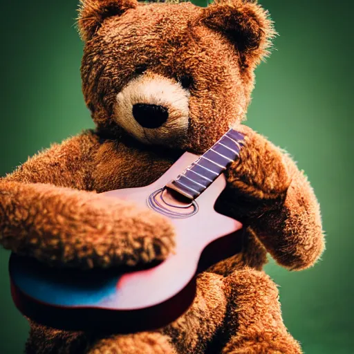 Image similar to a photograph of a teddybear, he is holding a guitar, vivid color, 50mm, depth of field