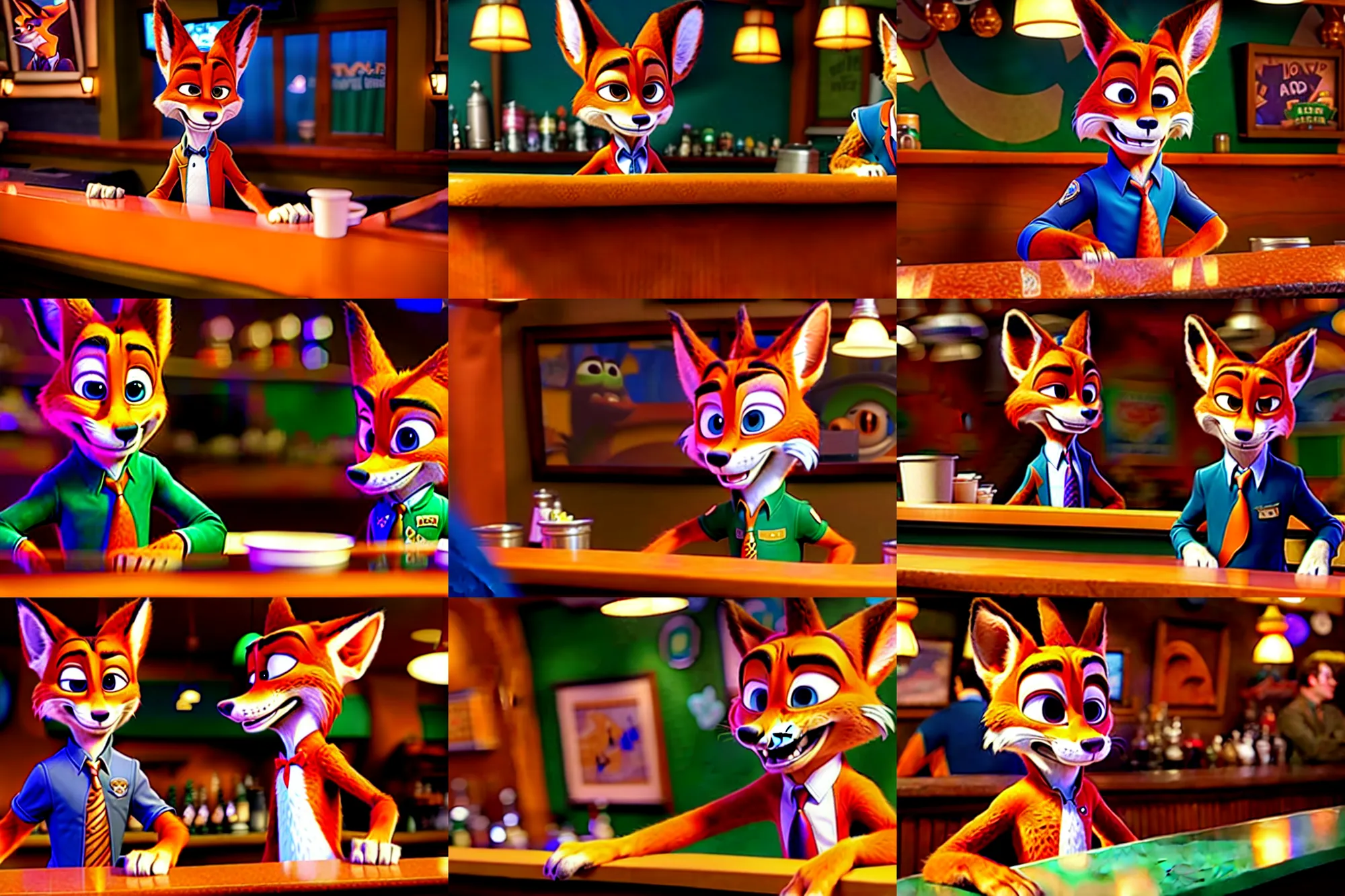 Image similar to Nick Wilde (from Zootopia) dressed in his usual outfit, sitting right across the bar from you.