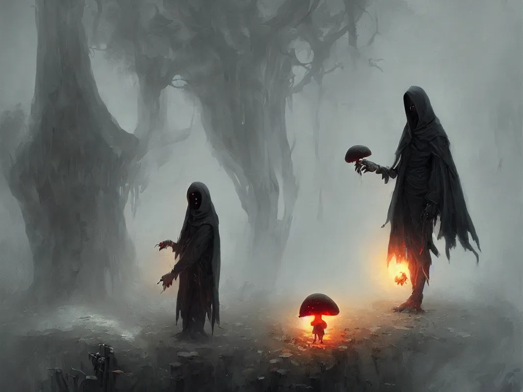 Image similar to the grim reaper stealing the soul from a humanoid mushroom. Dark fantasy art by Greg rutkowski. Trending on artstation