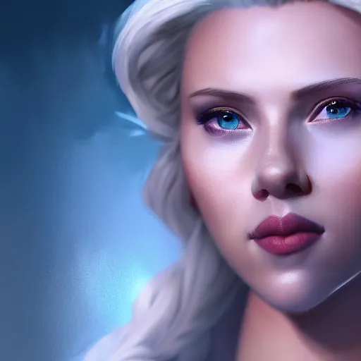 Prompt: Scarlett Johansson as Elsa in Frost, digital portrait, artstation, cgsociety, 4k, high detail