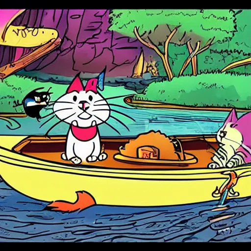 Image similar to cartoon cat fishing in a river while in a boat, cartoon network, illustrated by Bill Watterson in stunning color