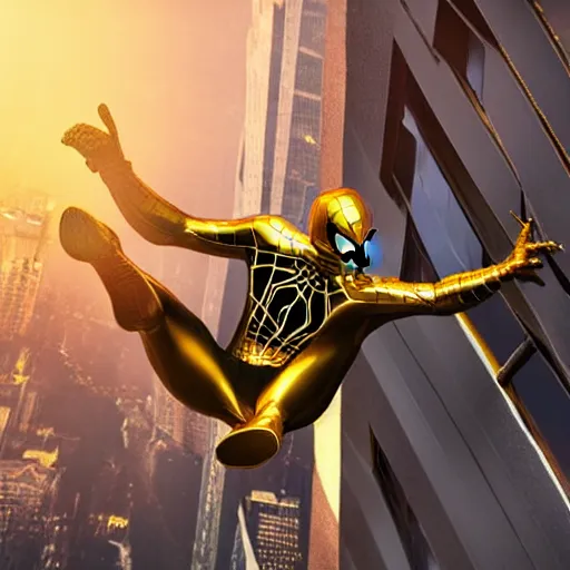 Image similar to gold spider - man suit with black web lining, cinematic, volumetric lighting, realistic, hyperdetailed, photorealistic, photograph