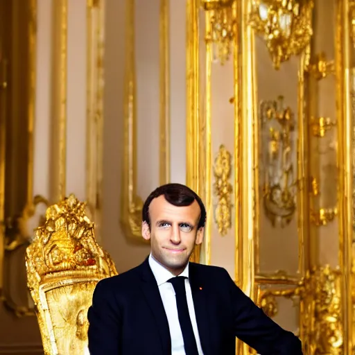 Prompt: emmanuel macron is sitting on the golden loo, detailed photography, 5 0 mm lens,