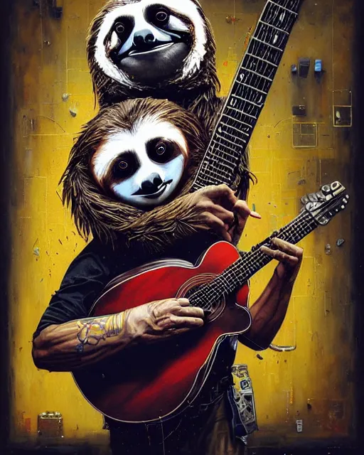 Image similar to a portrait of an anthropomorphic cyberpunk sloth strumming an acoustic guitar by sandra chevrier, by jon foster, detailed render, tape deck, epic composition, cybernetics, 4 k realistic, cryengine, realistic shaded lighting, sharp focus, masterpiece, by enki bilal