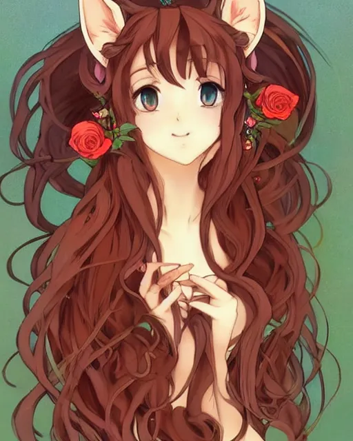 Image similar to A cute frontal fullbody painting of a beautiful anime skinny foxgirl with curly brown colored hair and fox ears on top of her head wearing a cute red dress with rose symbolic sitting on the stone looking at the viewer, elegant, delicate, soft lines, higly detailed, smooth , pixiv art, cgsociety, artgem, art by Gil Elvgren alphonse mucha, high quality, digital illustration, concept art