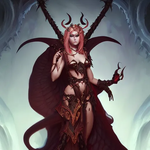 Image similar to Demoness, female, robes, D&D, fantasy, intricate, elegant, highly detailed, digital painting, artstation, octane render, concept art, matte, sharp focus, illustration, hearthstone, art by Artgerm and Greg Rutkowski and Alphonse Mucha