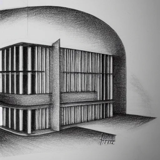Prompt: an isometric pencil drawing of a modernist building shaped as the letter r