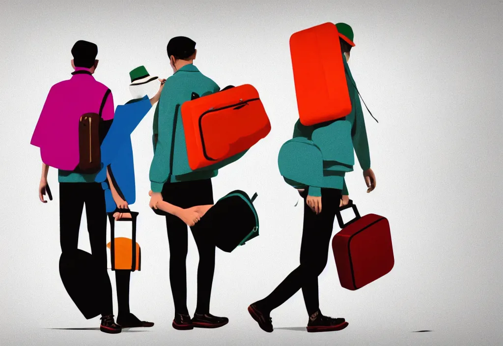 Image similar to full body portrait of a duo of young english tourists travel apparel, various poses walking and carrying luggage, geometric character designs painting, in the style of wes anderson, rene magritte, lola dupre, david hockney, isolated on white background, dark monochrome neon spraypaint accents octane render