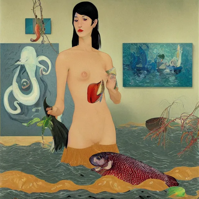 Image similar to tall emo female artist holding a large fish in her flooded kitchen, pomegranates, octopus, water gushing from ceiling, painting of flood waters inside an artist's apartment, a river flooding indoors, ikebana, zen, rapids, waterfall, black swans, canoe, berries, acrylic on canvas, surrealist, by magritte and monet