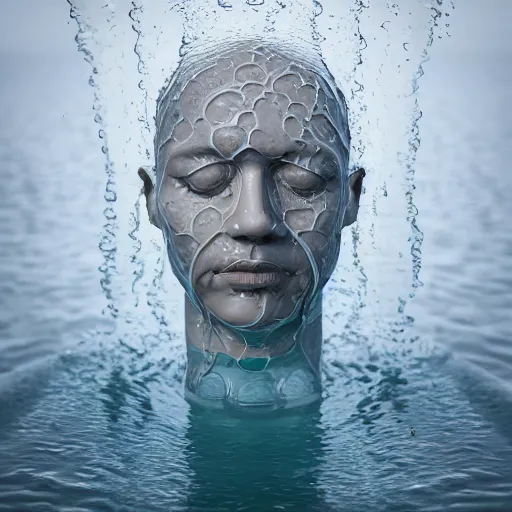 Image similar to a water sculpture in the shape of a human head, on the ocean water, water manipulation photoshop, behance, ray tracing, cinematic, in the style of johnson tsang, long shot, hyper detailed, hyper realistic, 8 k resolution, sharp focus, realistic water, award winning