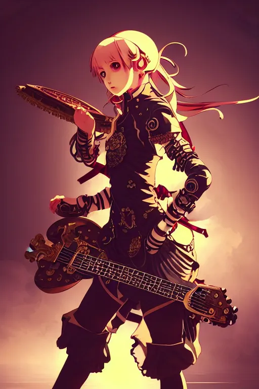 Prompt: full body beautiful young steampunk anime warrior girl playing a strange guitar , wearing detailed armour, intrica details, pretty face, realistic shaded Perfect face, insane action pose, steampunk, cyberpunk, highly detailed, artstation, illustration by Ilya Kuvshinov and alphonse mucha Greg Rutkowski, dynamic light, morning