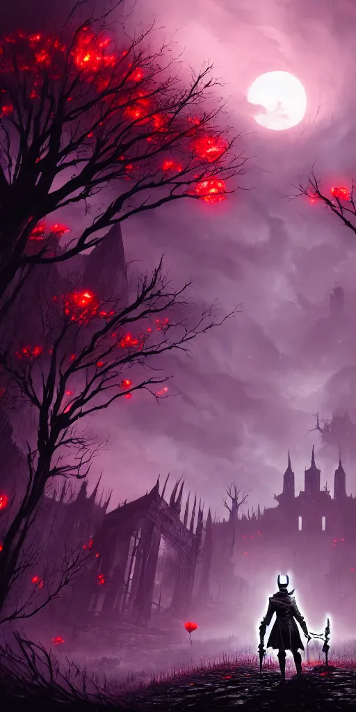 Image similar to abandoned bloodborne old valley with a person at the centre and a ruined city at the end, trees and stars in the background, falling red petals, epic red - orange moonlight, perfect lightning, illustration by niko delort and kentaro miura, 4 k, ultra realistic