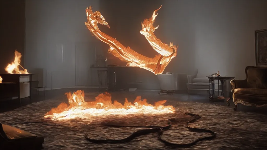 Image similar to a giant Snake made of fire and ice floats through the living room, film still from the movie directed by Denis Villeneuve with art direction by Salvador Dalí, wide lens