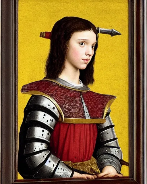 Image similar to medieval portrait of millie bobby brown dressed as a knight, in the style of eugene de blaas