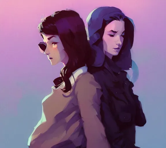 Image similar to portrait violet and caitlyn, arcane, by atey ghailan, by greg rutkowski, by greg tocchini, by james gilleard, by joe fenton, by kaethe butcher, dynamic lighting, gradient light blue, brown, blonde cream and white color scheme, grunge aesthetic