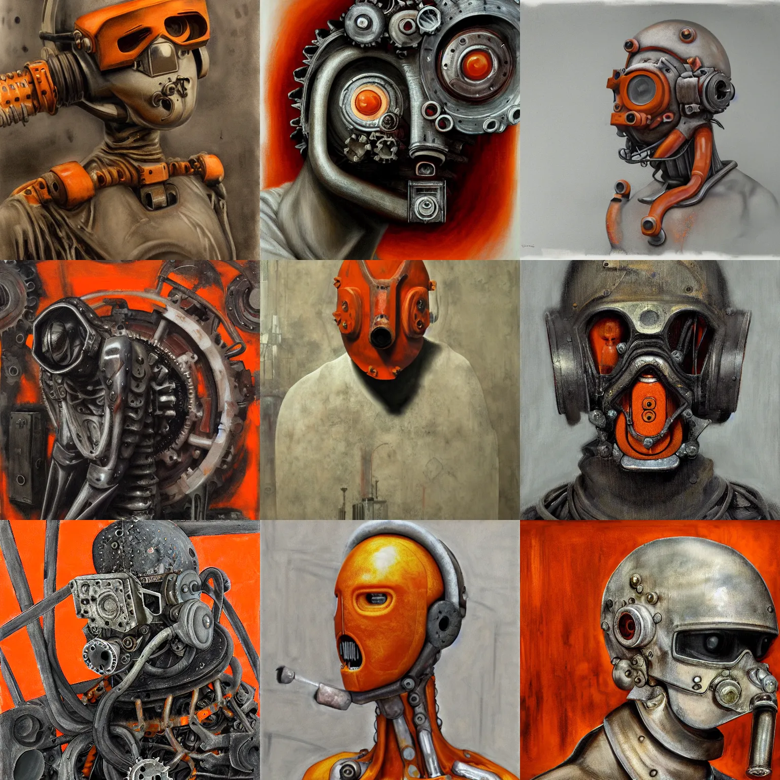 Prompt: orange, grey, hammer, dark, gothic, cyber, fantasy, rust, metal, rivets, cogwheel, human, creature, mannequin, machinery, scuba mask, by giger, masahiro ito, junji ito, rough oil paint, underpainting, highlights, john signer sargent, dean cornwell