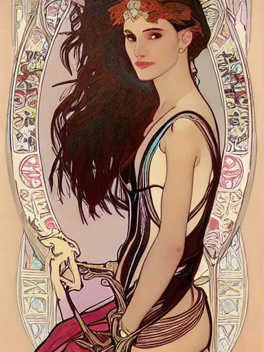 Image similar to a beautiful painting of natalie portman by Alphonse Mucha and by yoshitaka Amano and by Mark Brooks and by john william waterhouse and by arthur rackham, Art Nouveau, Neo-Gothic, gothic, award winning painting, hyperdetailed, detailed