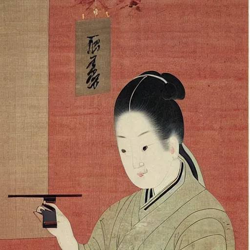 Prompt: the Chinese ancient painting of a lady selfie with smartphone and selfie stick in Tang Dynasty , by Han Xizai