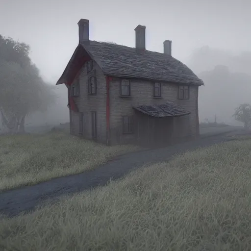 Image similar to Village, horror, fog, foster, highly detailed, game, one house, fear, hyper realistic, atmospheric lighting