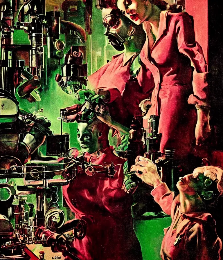 Prompt: a female mad scientist woman assembling a humanoid robotic man, in a darkly lit laboratory room, 1 9 5 0 s horror movie poster style, ( norman rockwell oil painting ), tight shot, close - up shot, retro science fiction, vintage, saturated pink and green lighting, shadowy lighting, cohesive