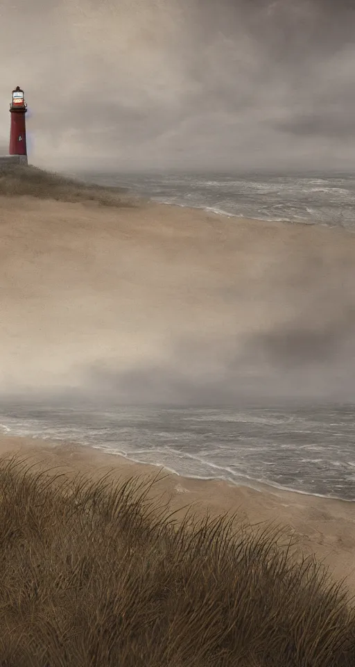 Image similar to wide - shot of lighthouse on the sand seashore, misty background, from the game pathologic 2, highly detailed, sharp focus, matte painting, by isaac levitan and asher brown durand,