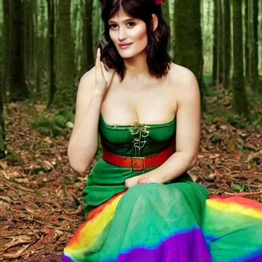 Prompt: photograph of gemma arterton, dressed as an elf in a long rainbow wedding gown, sitting in a colorful forest