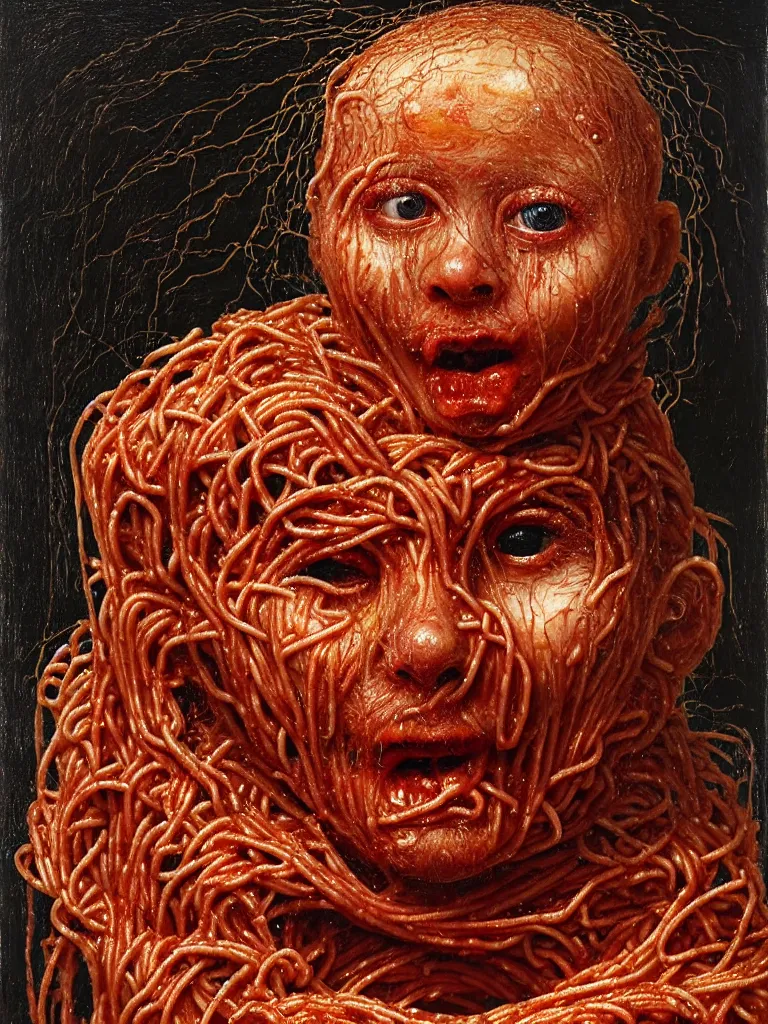 Prompt: a boy made of spaghetti sitting in a tub full of tomato sauce, looking straight into camera, screaming in desperation, by giuseppe arcimboldo and ambrosius benson, renaissance, intricate and intense oil paint, a touch of joseph cornell, beksinski and hr giger and edward munch, realistic