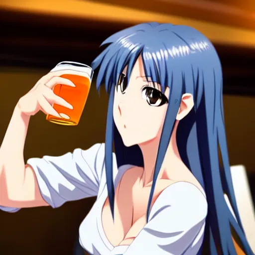 Prompt: 2D Masculine but cute anime girl sitting at a bar, holding a large glass of beer, obviously drunk, camera angle looking up at her, anime, detailed eyes, visible pupils, warm orange lighting, beautiful scene, extremely detailed face, big sister, childhood friend, long blue hair